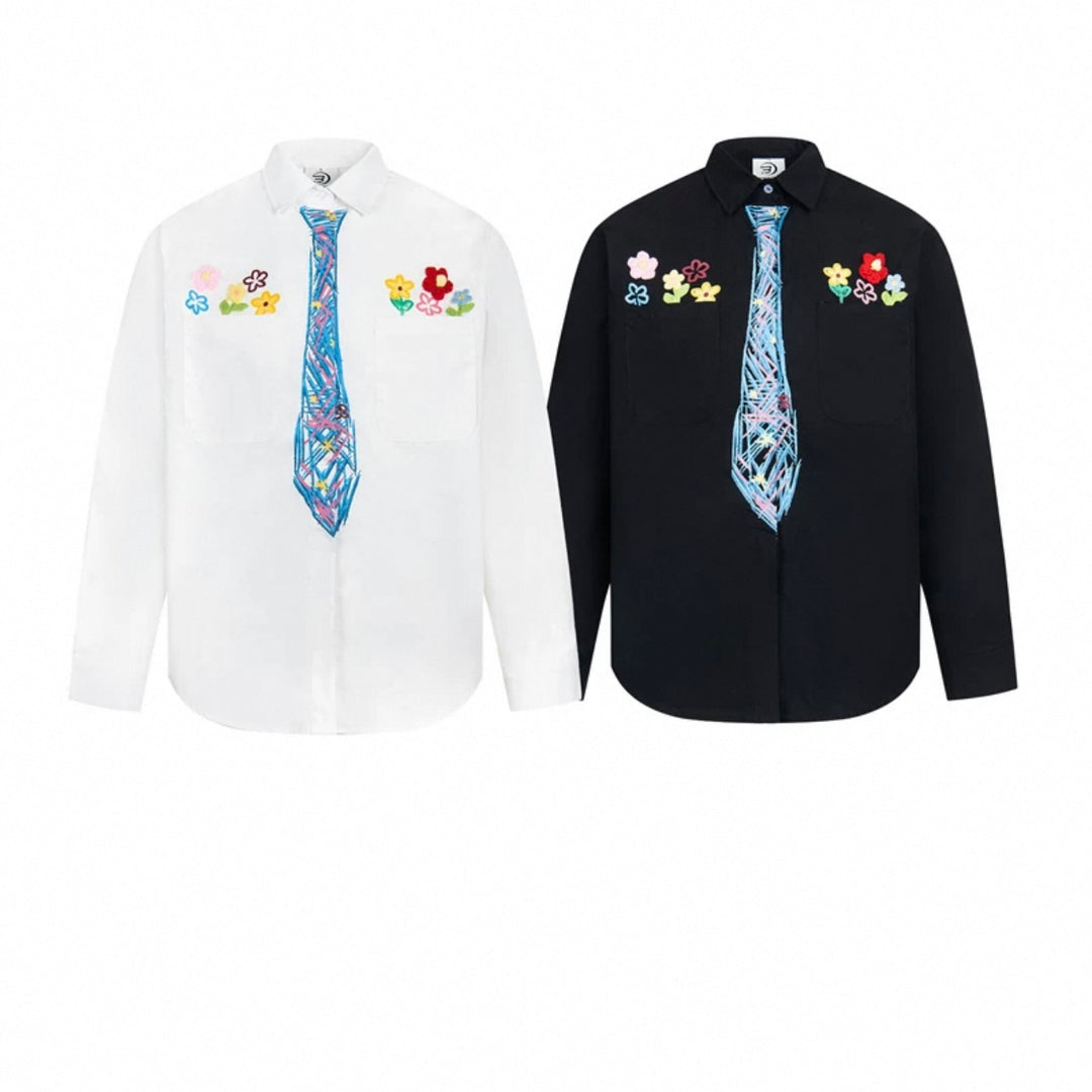 Flower embroidery tie graffiti shirt