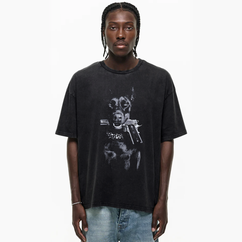 Dog Holding Gun Washed T-Shirt