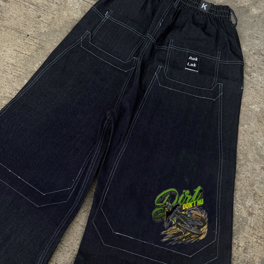 BAGGOUT Motorcycle print black jeans casual wide-leg slacks