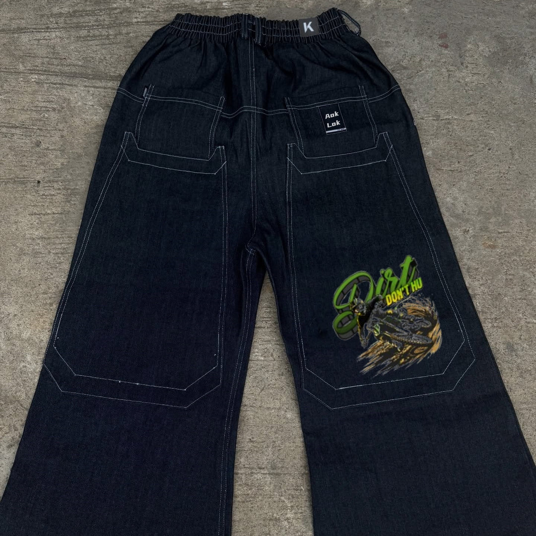 BAGGOUT Motorcycle print black jeans casual wide-leg slacks