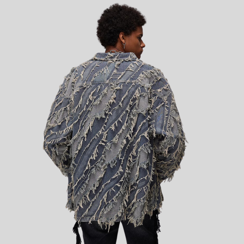 Distressed Fringed Raw Edge Denim Jacket
