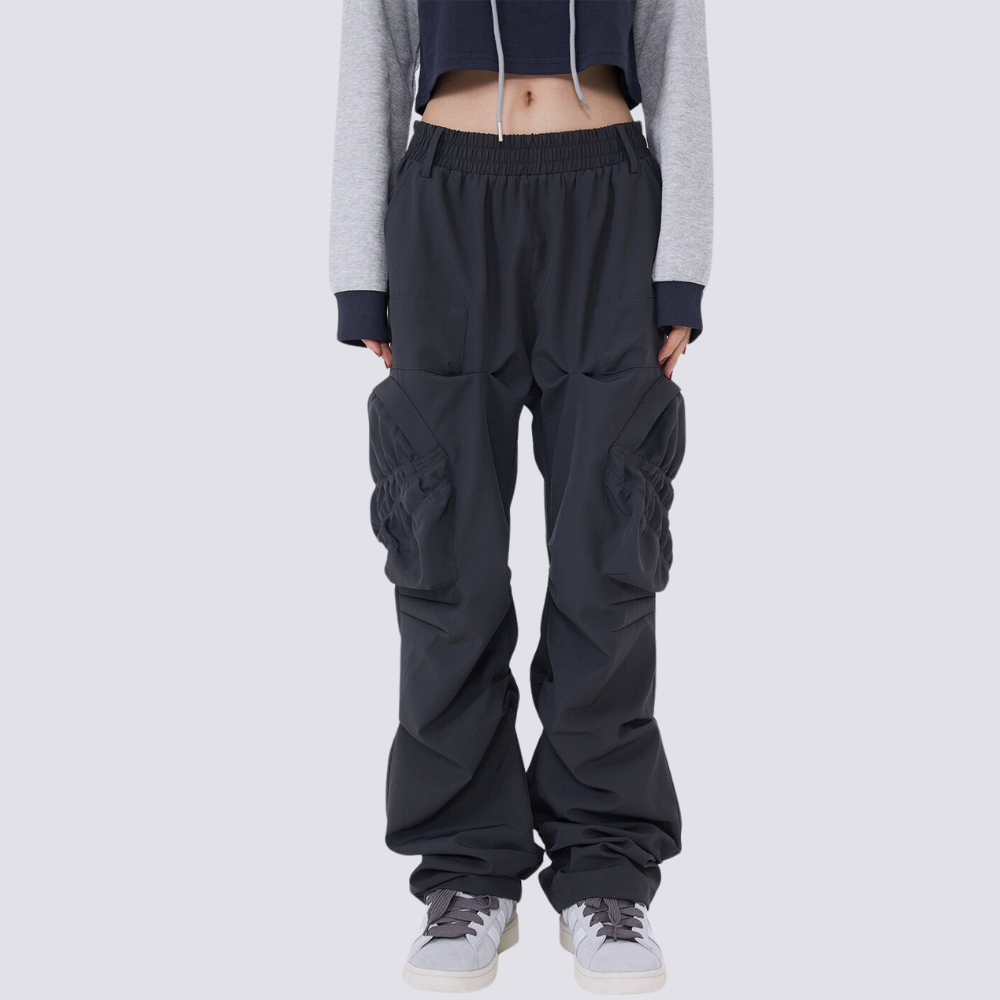 Street Solid Color Pleated Cargo Pants