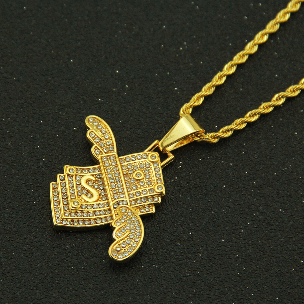 Hip Hop Angel Wings Dollar Pendant Necklace