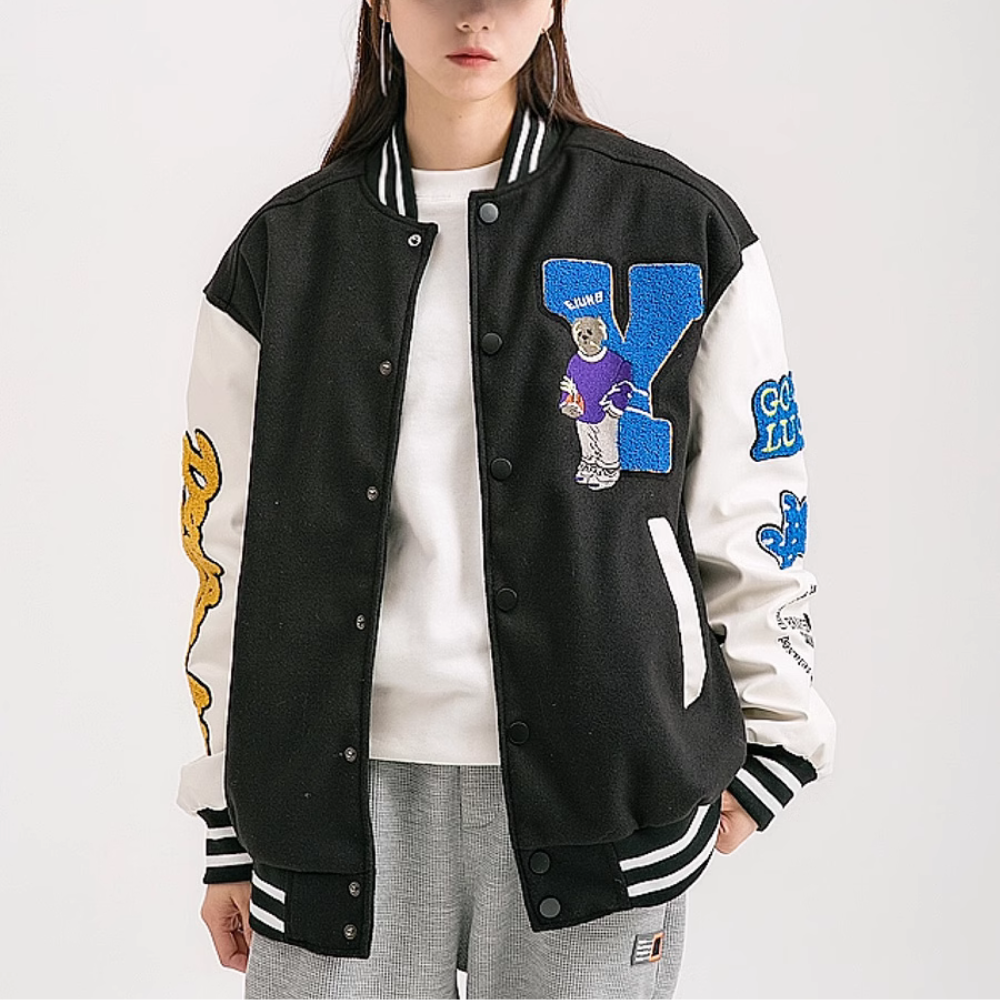 Cartoon Bear Jacquard Flocked Varsity Jacket