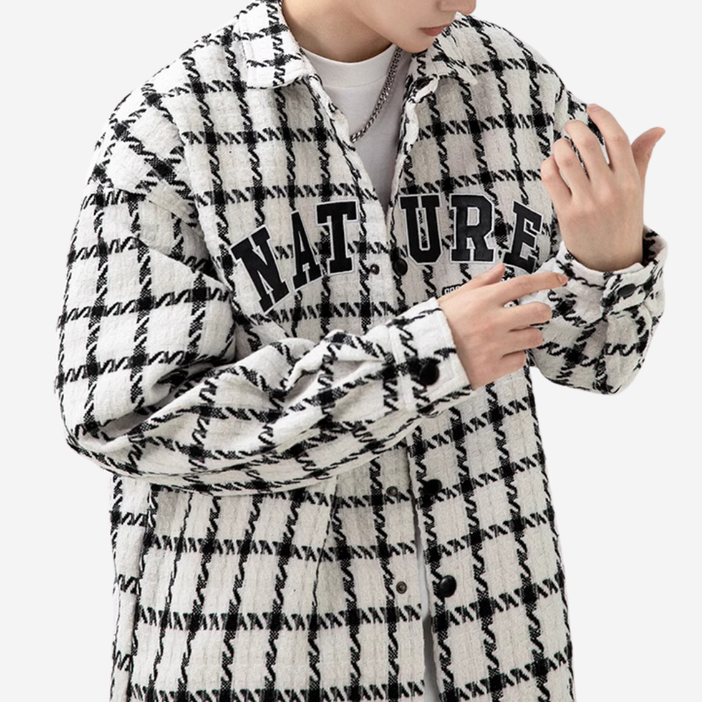 Plaid Leather Logo Embroidered Long Sleeves Shirt