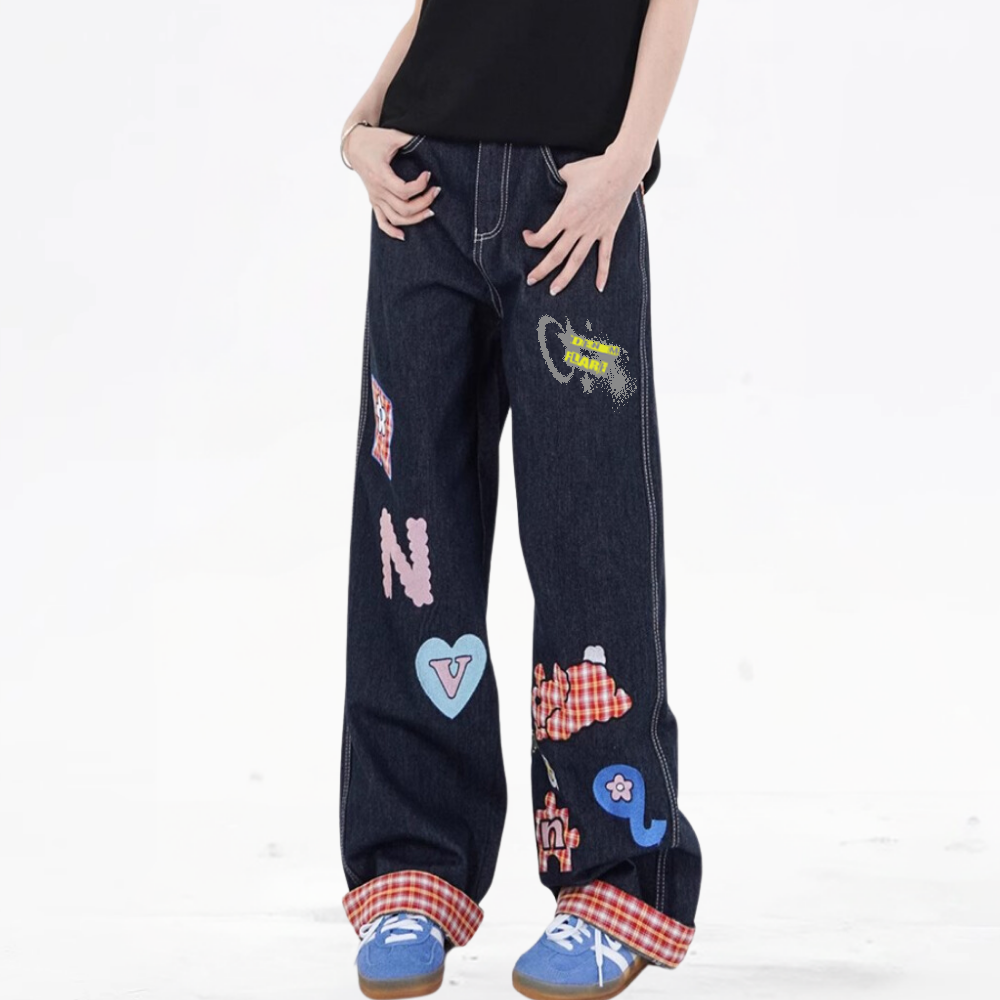 DF| Plaid Embroidered Patch Jeans