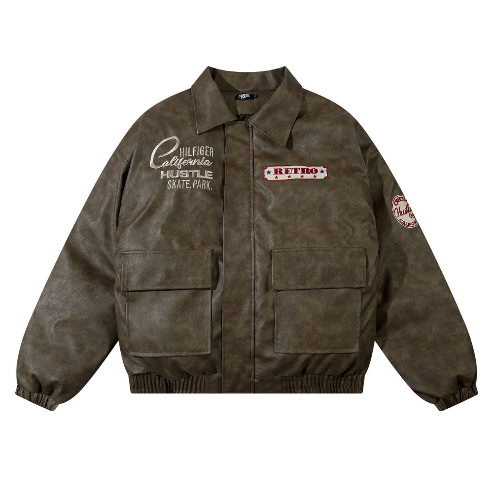 Letter Embroidered Lapel Leather Coat