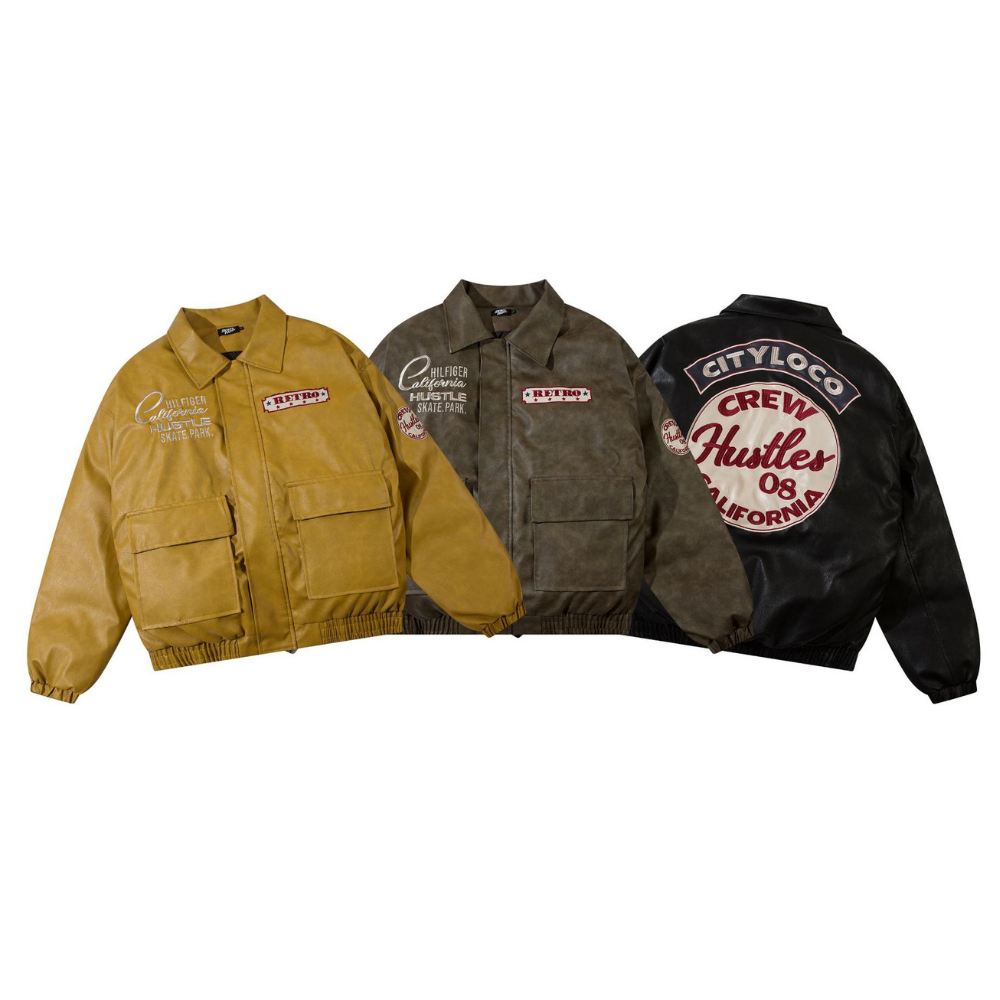 Letter Embroidered Lapel Leather Coat