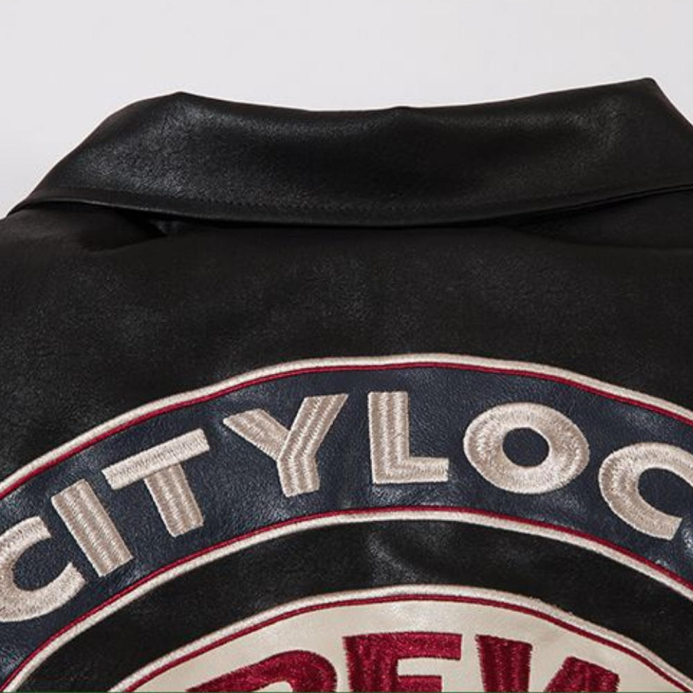 Letter Embroidered Lapel Leather Coat