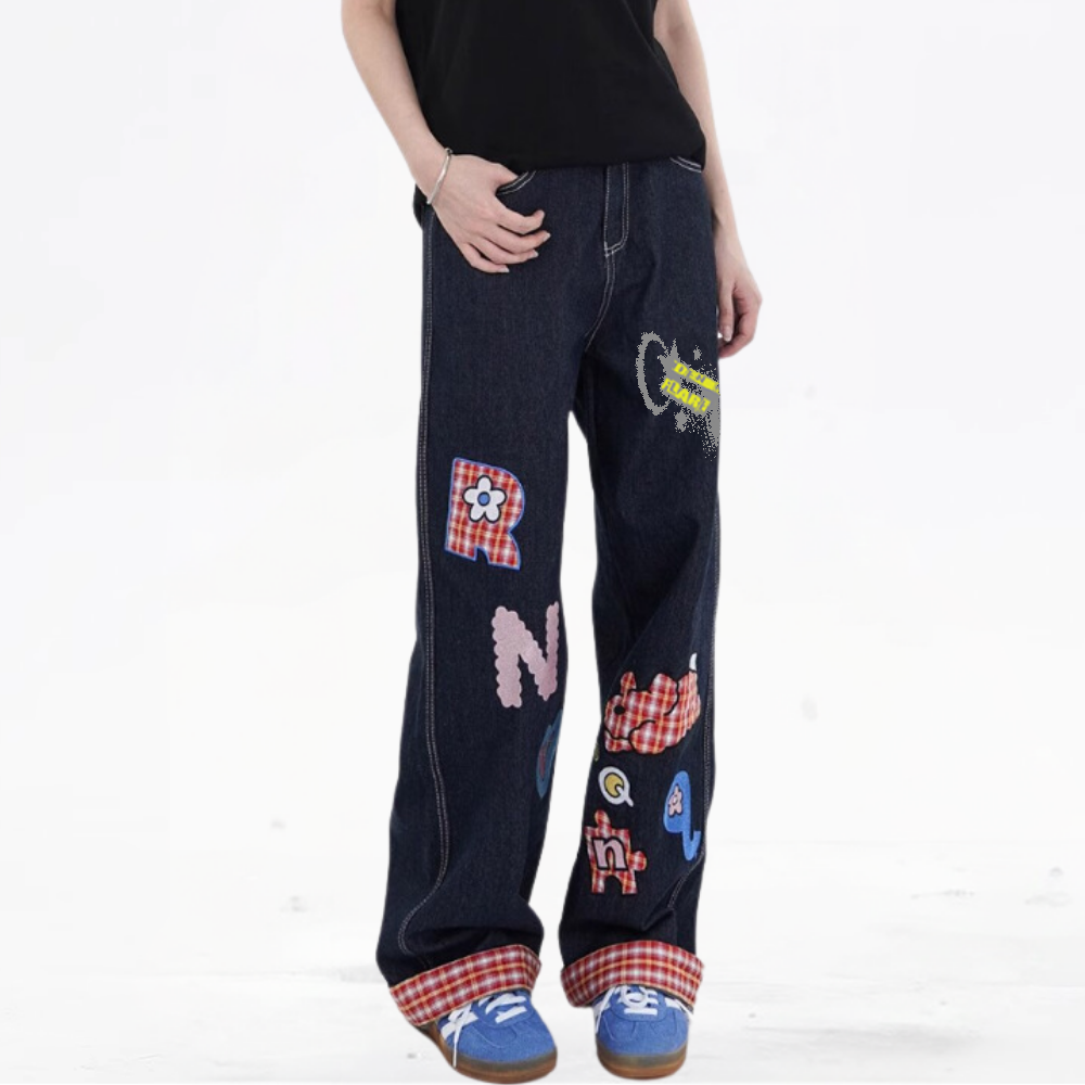 DF| Plaid Embroidered Patch Jeans