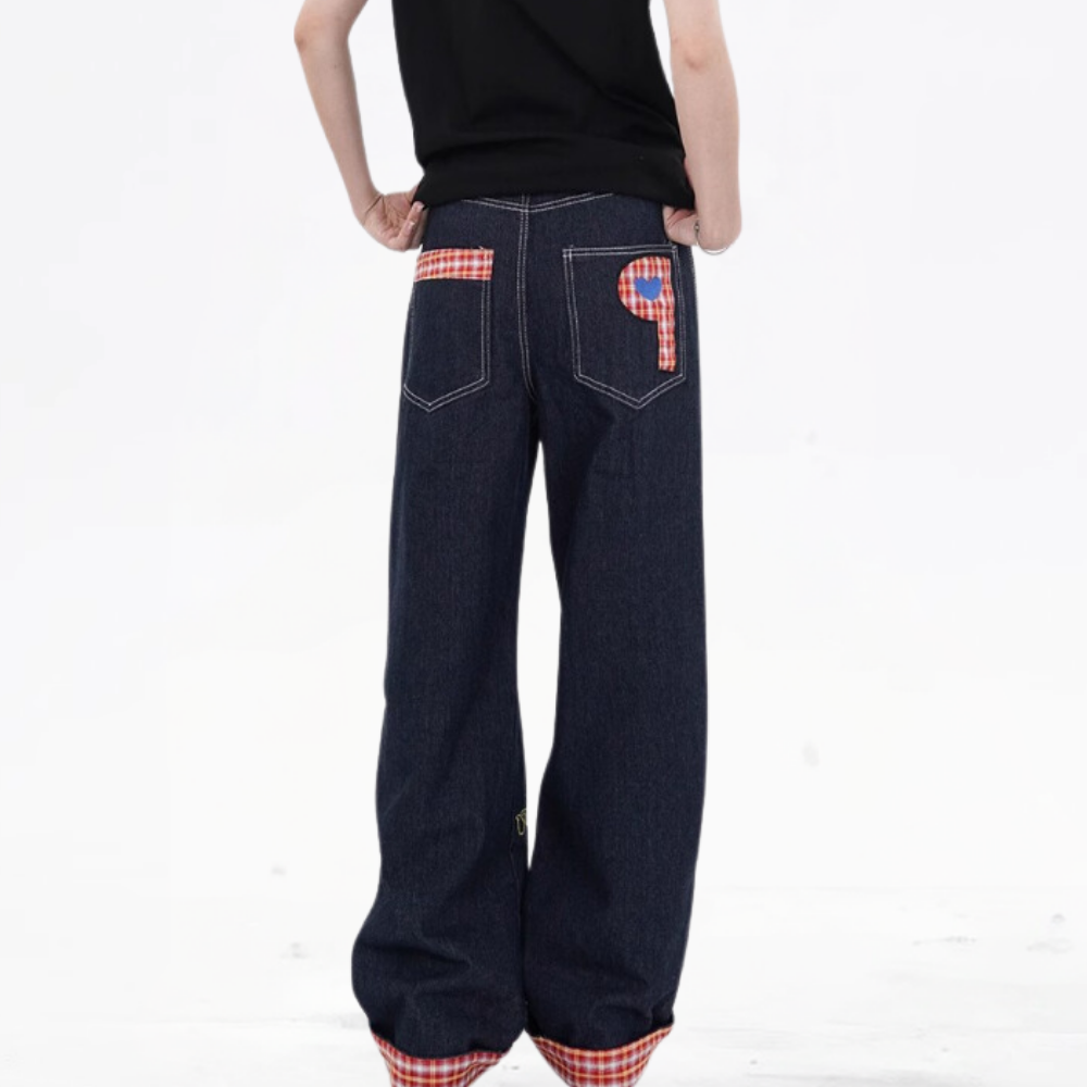 DF| Plaid Embroidered Patch Jeans