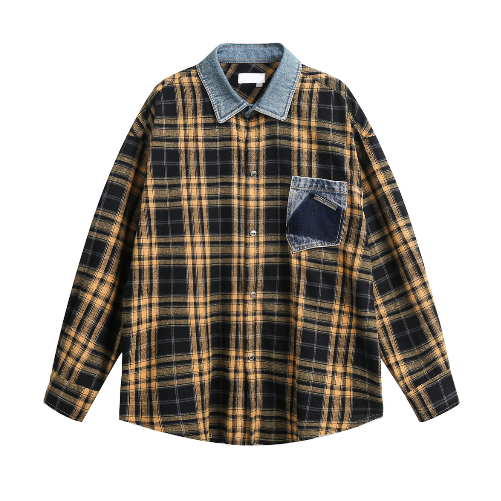 Denim Collar Pocket Plaid Shirt