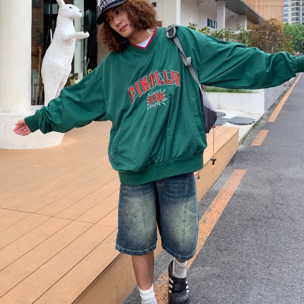 Jersey Letter Embroidery V-neck Sweatshirt