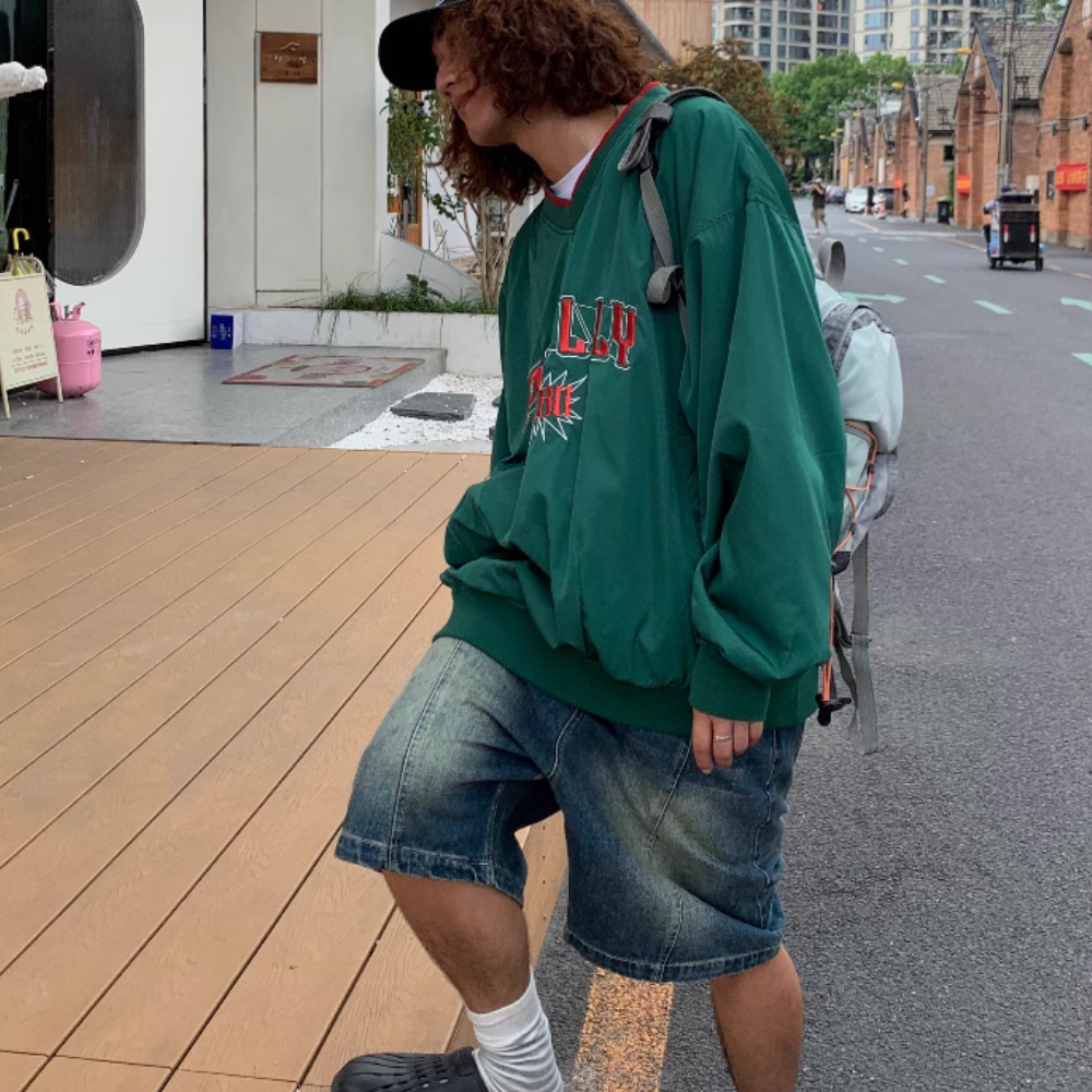 Jersey Letter Embroidery V-neck Sweatshirt