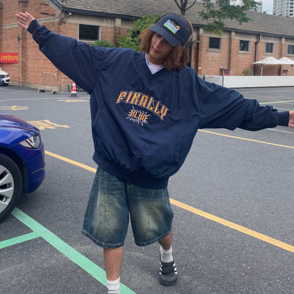 Jersey Letter Embroidery V-neck Sweatshirt