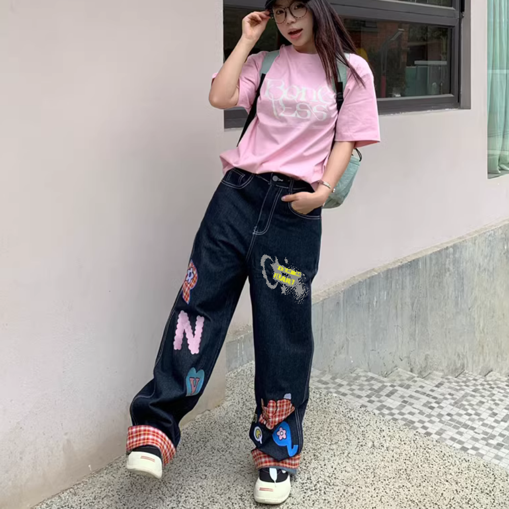 DF| Plaid Embroidered Patch Jeans