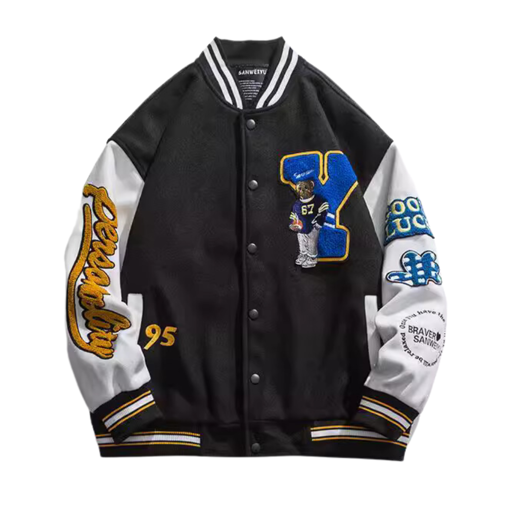 Cartoon Bear Jacquard Flocked Varsity Jacket