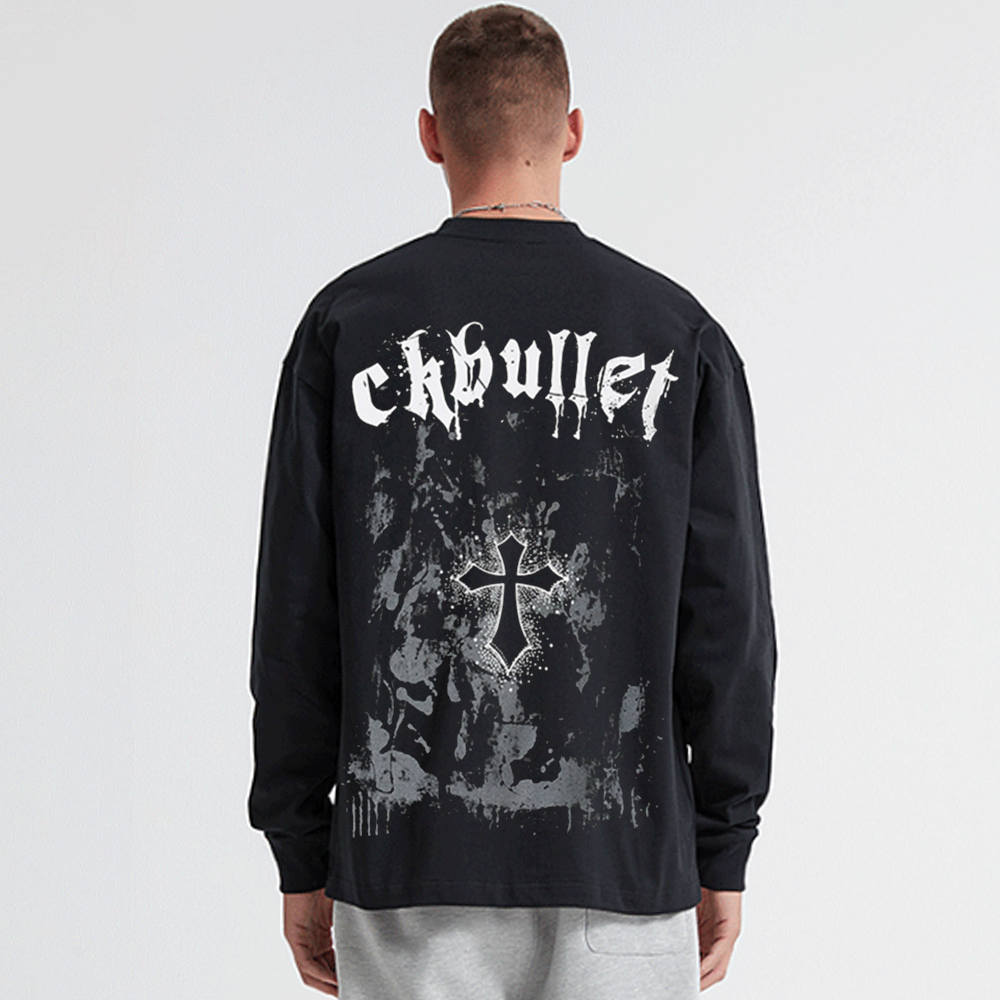 Retro Dark Cross Letters Long-Sleeve Shirt