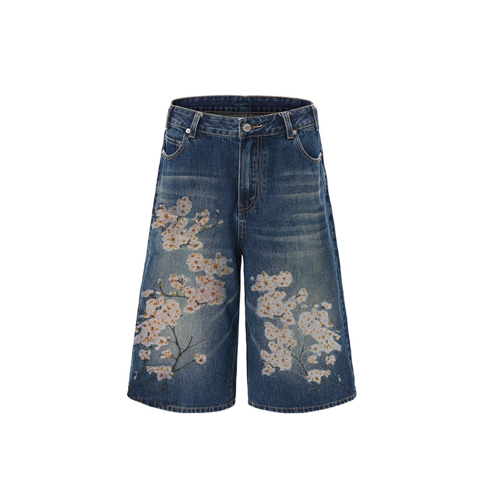 Evokyn Embroidered White Sakura Blossom Floral Denim Shorts