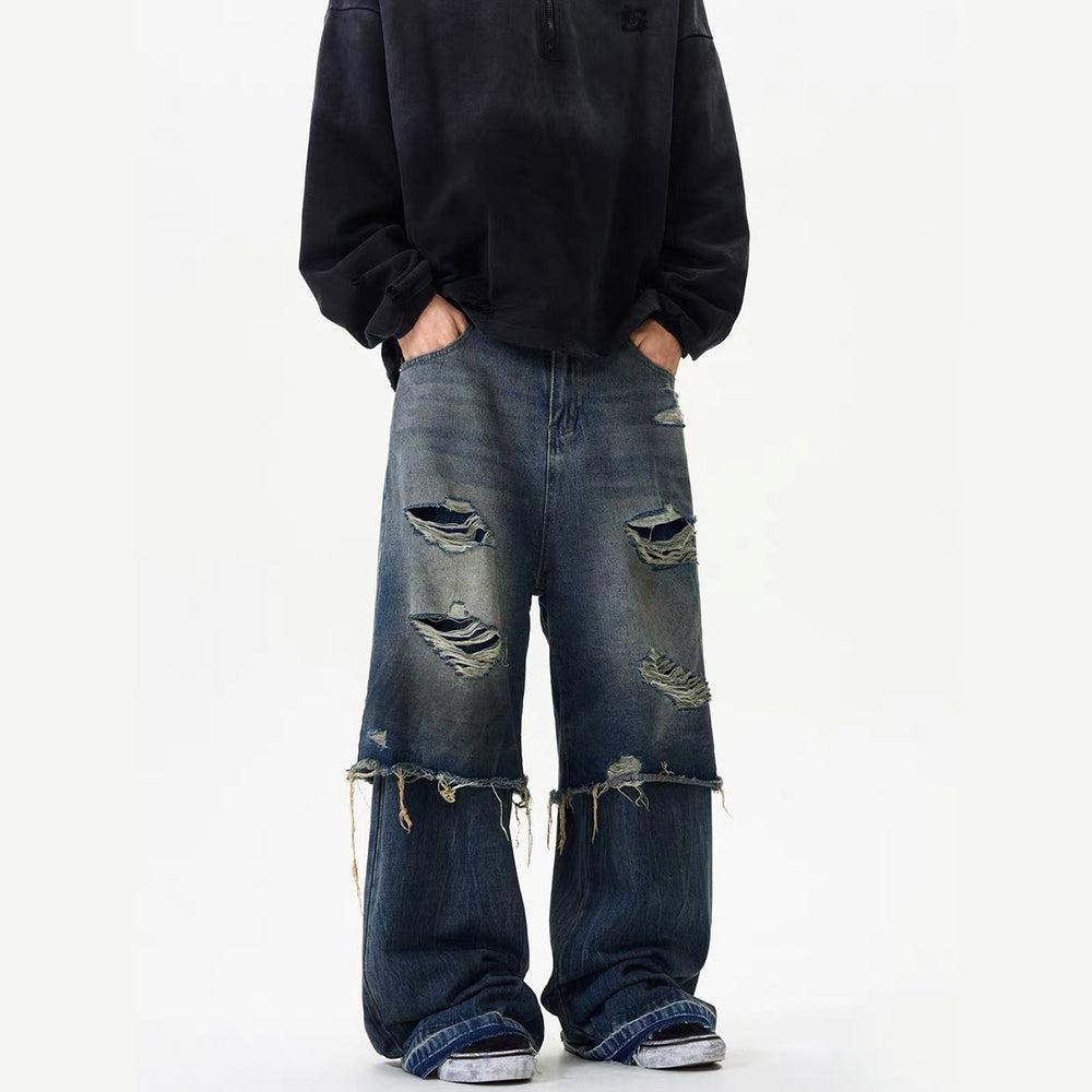 DF Vintage Washed Patch Double Layer Ripped Jeans