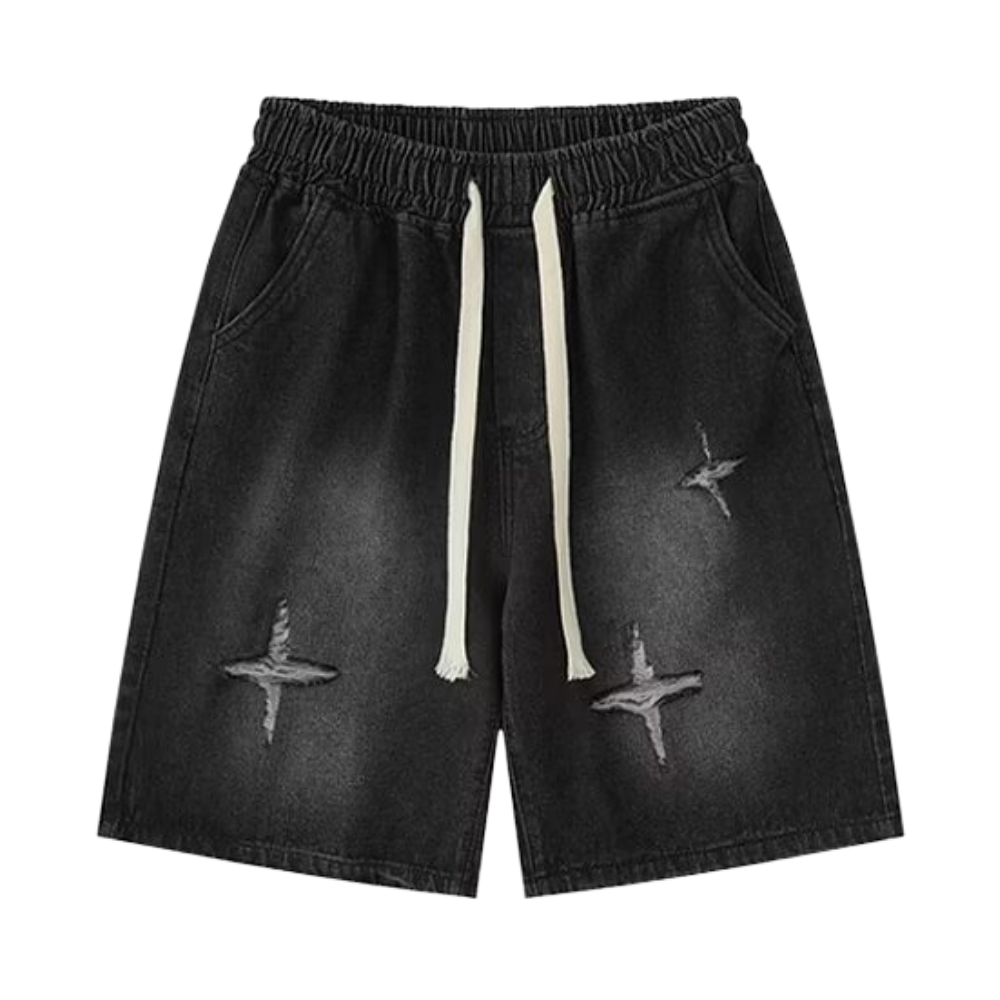 Star Patchwork Distressed Denim Shorts