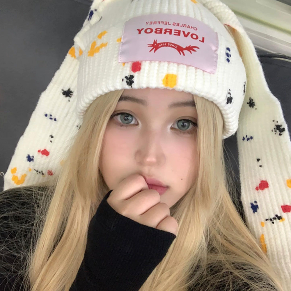 Upgraded Graffiti Wool Hat Rabbit Ears Knitted Hat