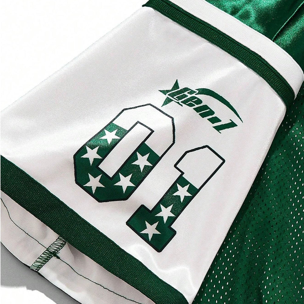 Evokyn Green Star Print V-Neck Mesh Jersey T-Shirt