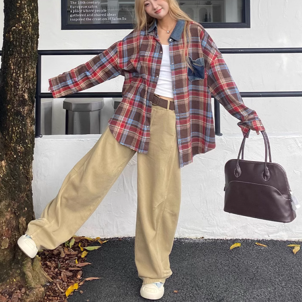Denim Collar Pocket Plaid Shirt