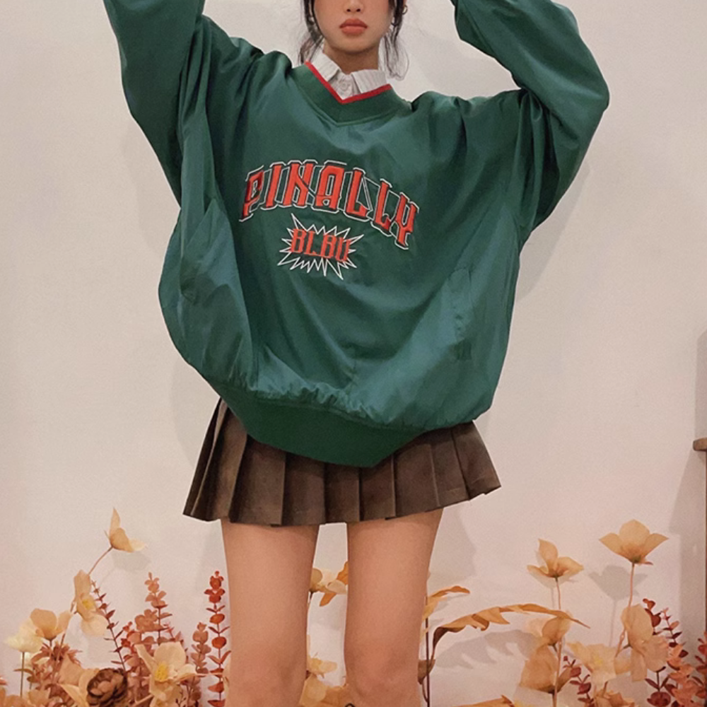 Jersey Letter Embroidery V-neck Sweatshirt