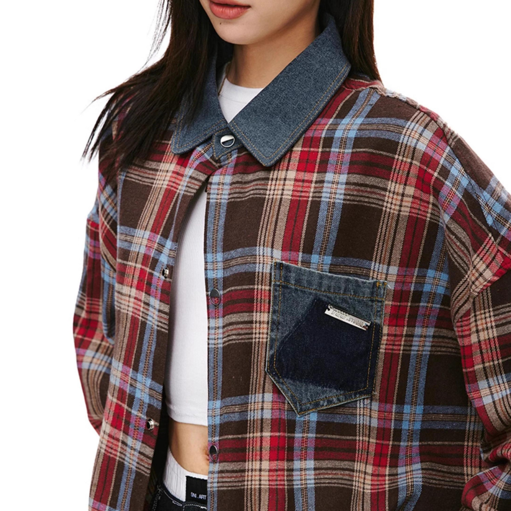 Denim Collar Pocket Plaid Shirt