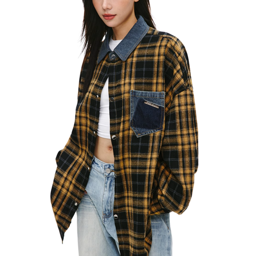 Denim Collar Pocket Plaid Shirt