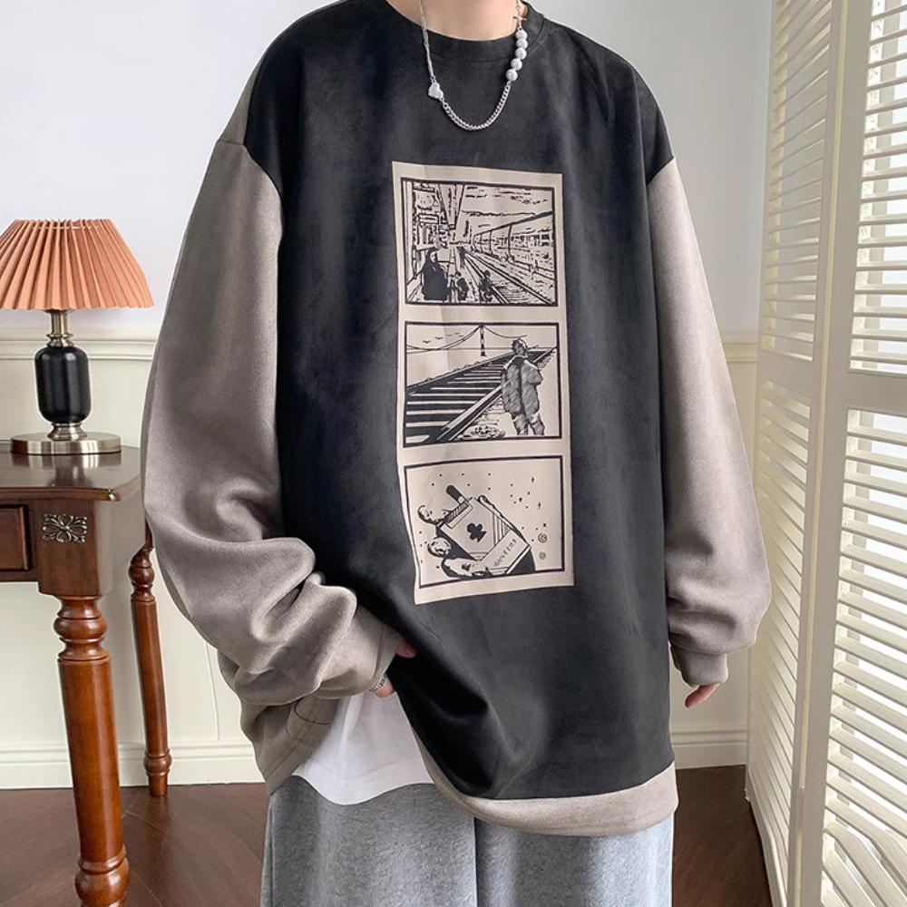 Animation Printed Suede Raglan Sweatshirt