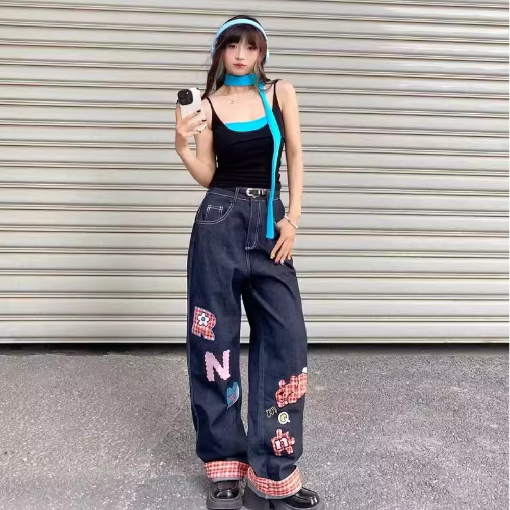 DF| Plaid Embroidered Patch Jeans