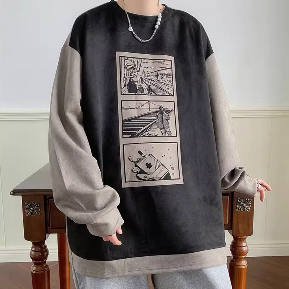 Animation Printed Suede Raglan Sweatshirt