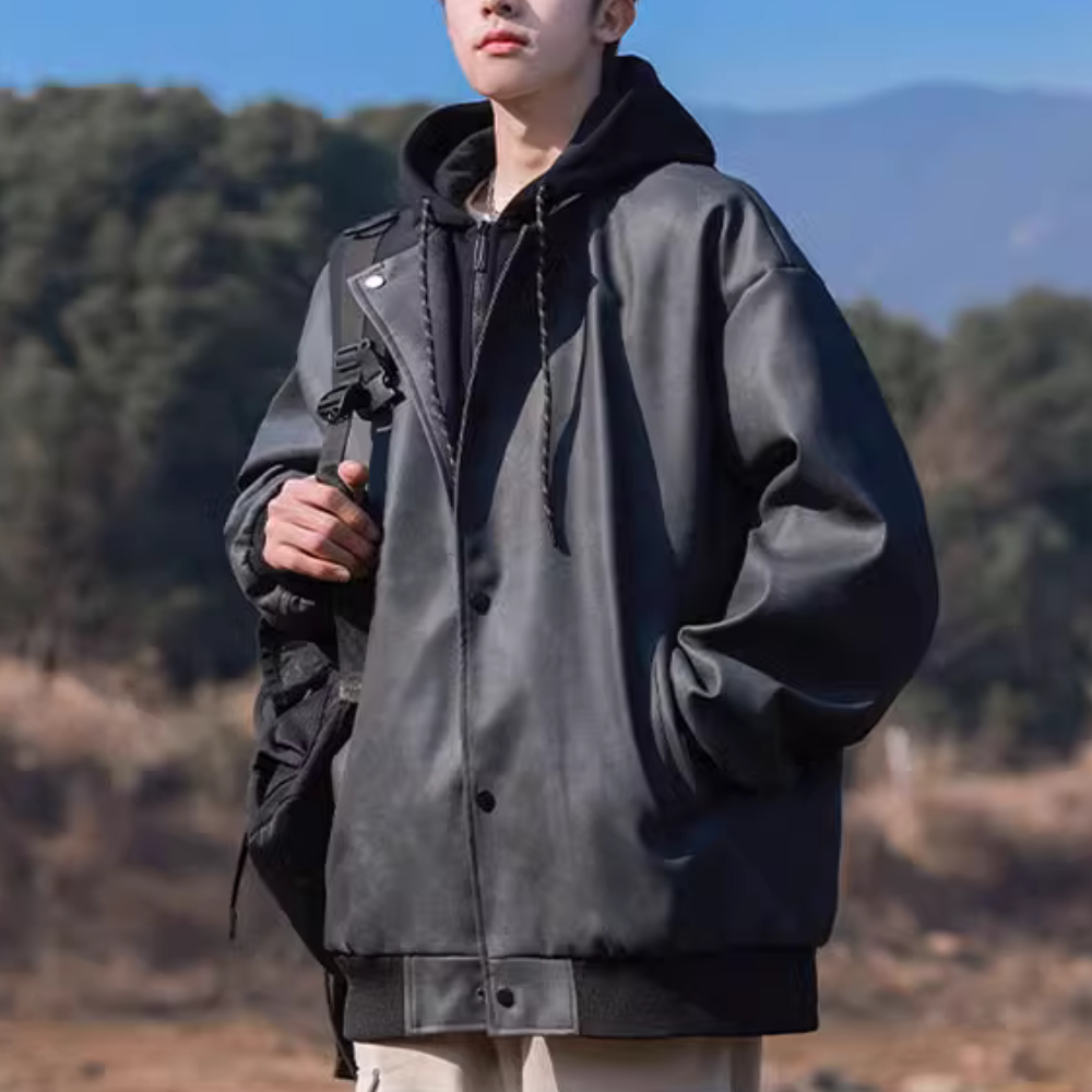 Heavy Button Suede Hooded Jacket