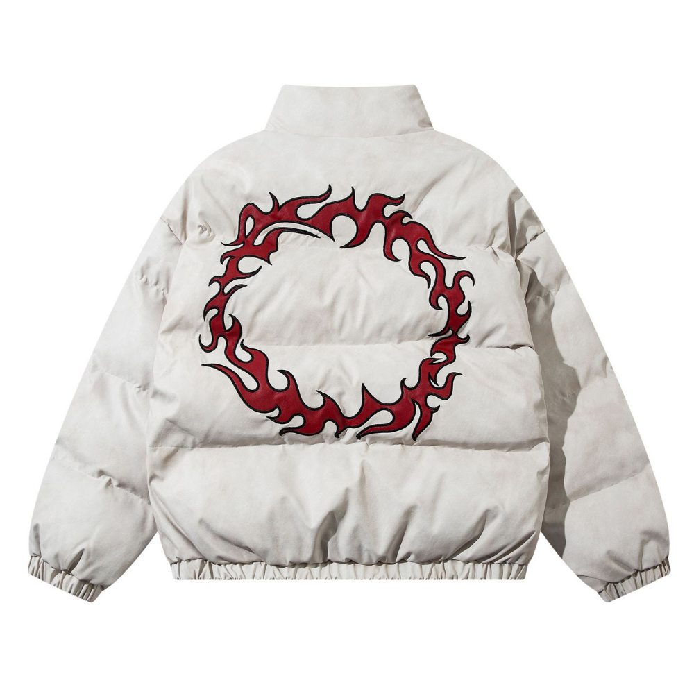 Circle Flame Embroidery PU Leather Coat