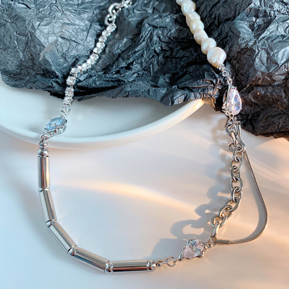 Urban Pearl and Rhinestone Panel Necklace