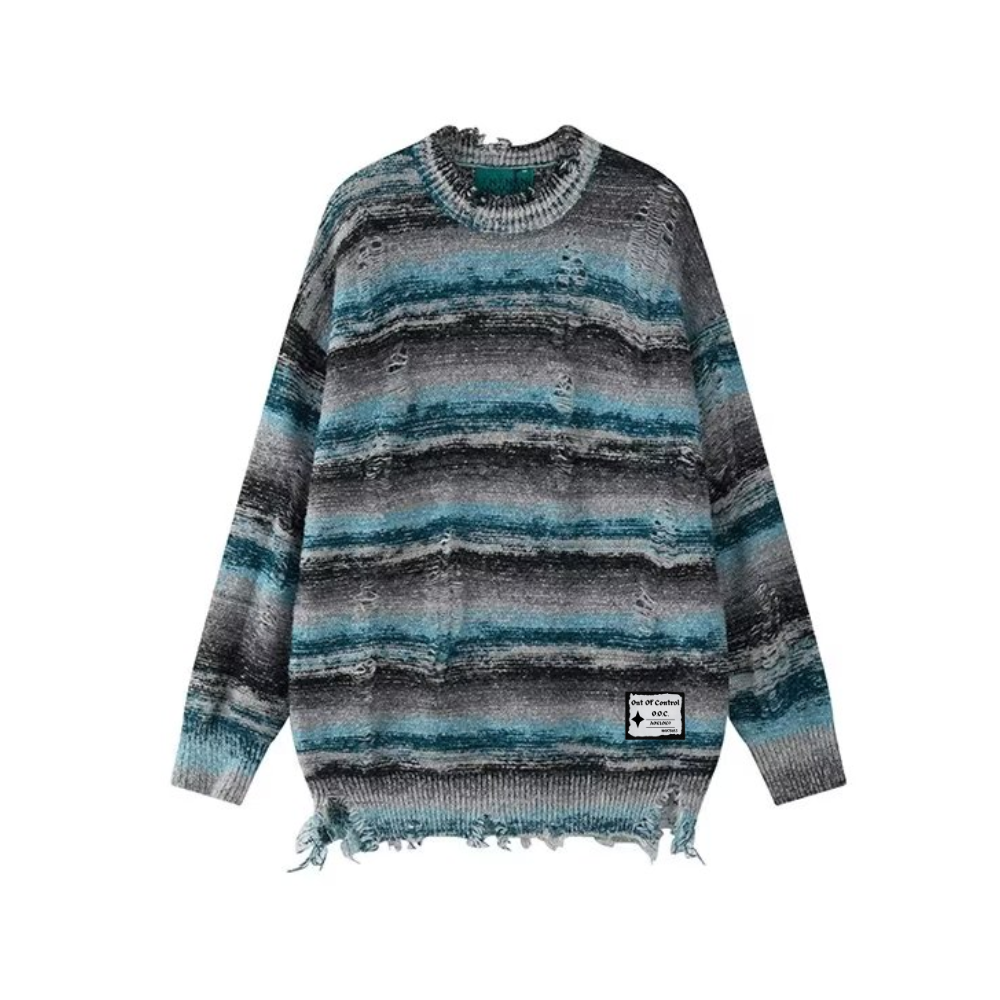 OOC' Retro Gradient Striped Ripped Knitted Sweater