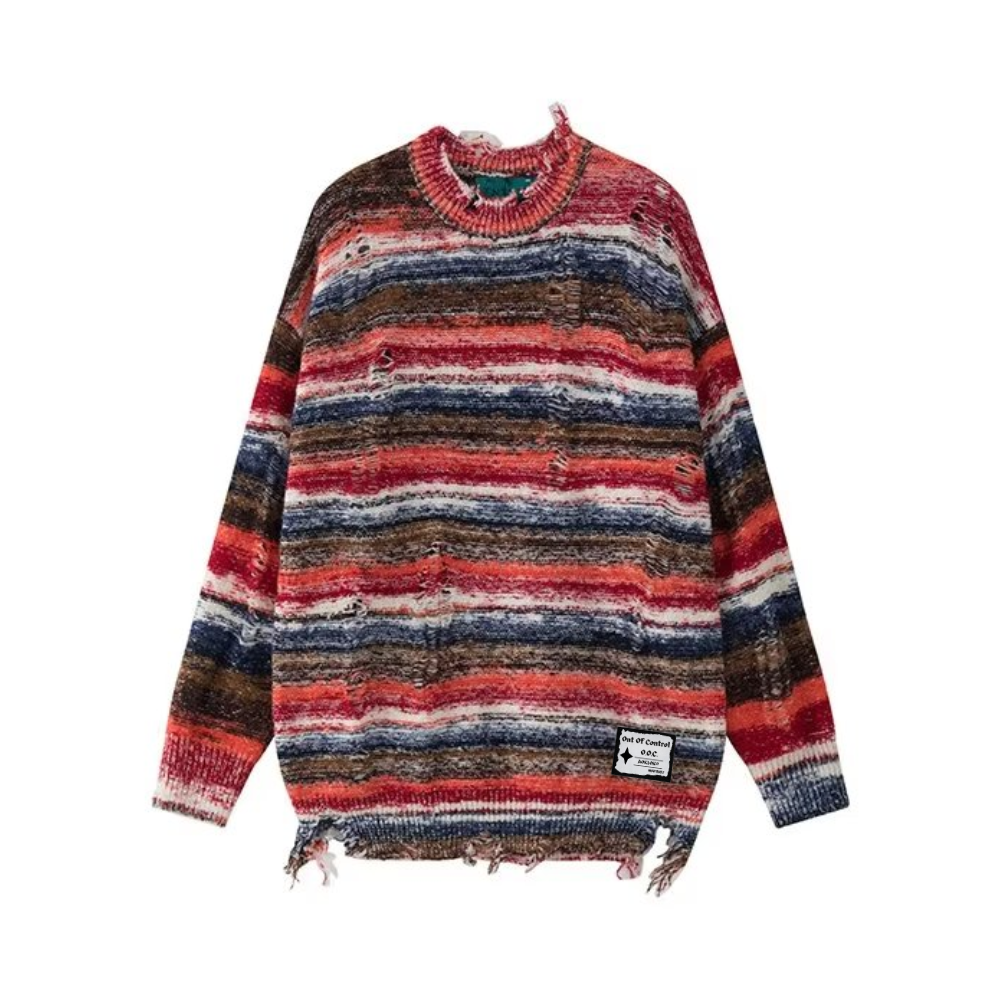 OOC' Retro Gradient Striped Ripped Knitted Sweater