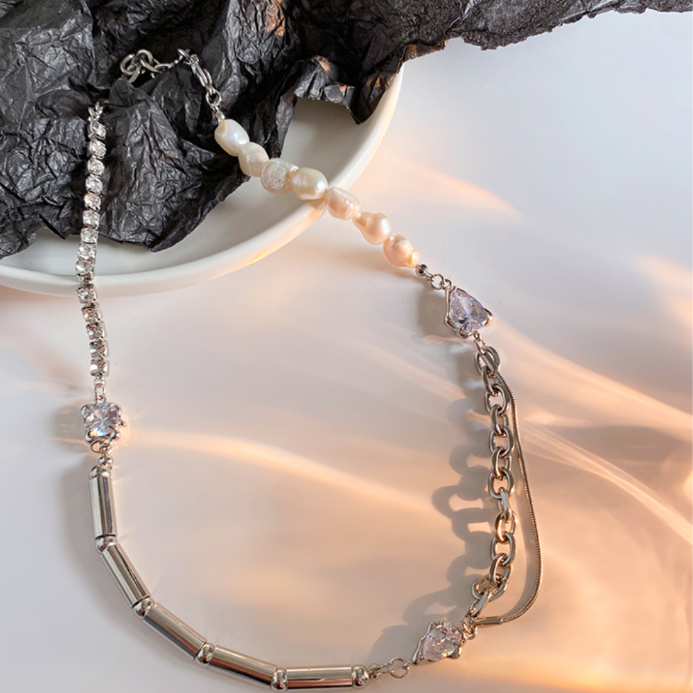 Urban Pearl and Rhinestone Panel Necklace