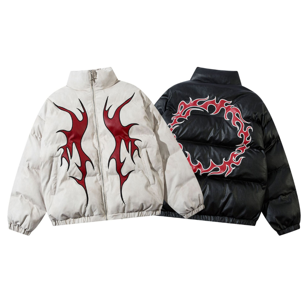 Circle Flame Embroidery PU Leather Coat