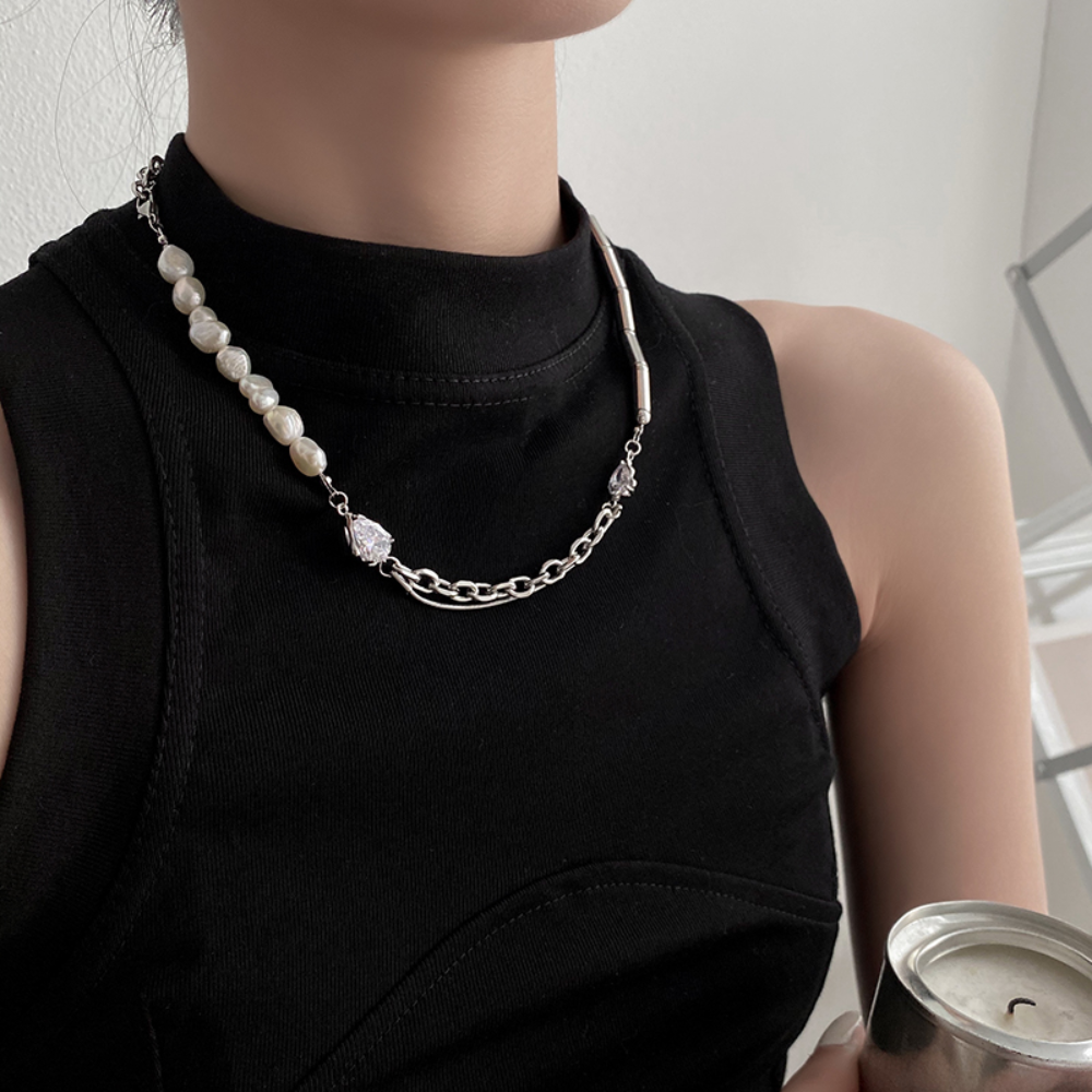 Urban Pearl and Rhinestone Panel Necklace