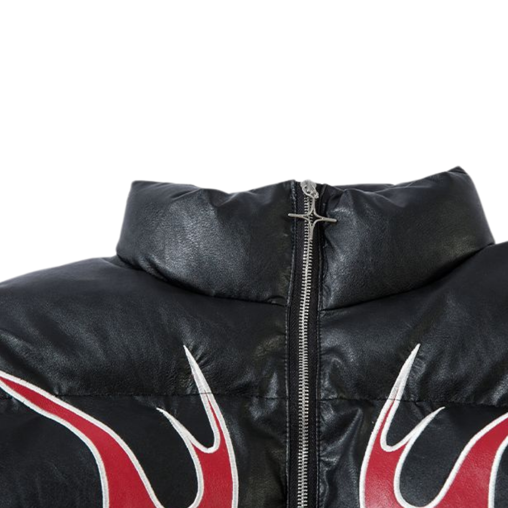 Circle Flame Embroidery PU Leather Coat