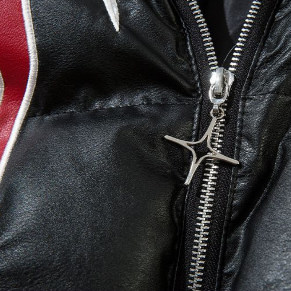 Circle Flame Embroidery PU Leather Coat