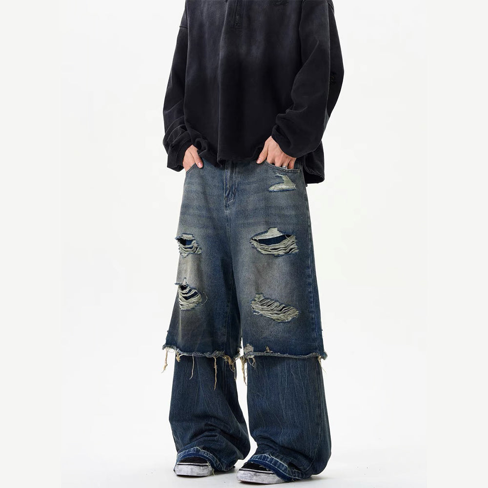 DF Vintage Washed Patch Double Layer Ripped Jeans