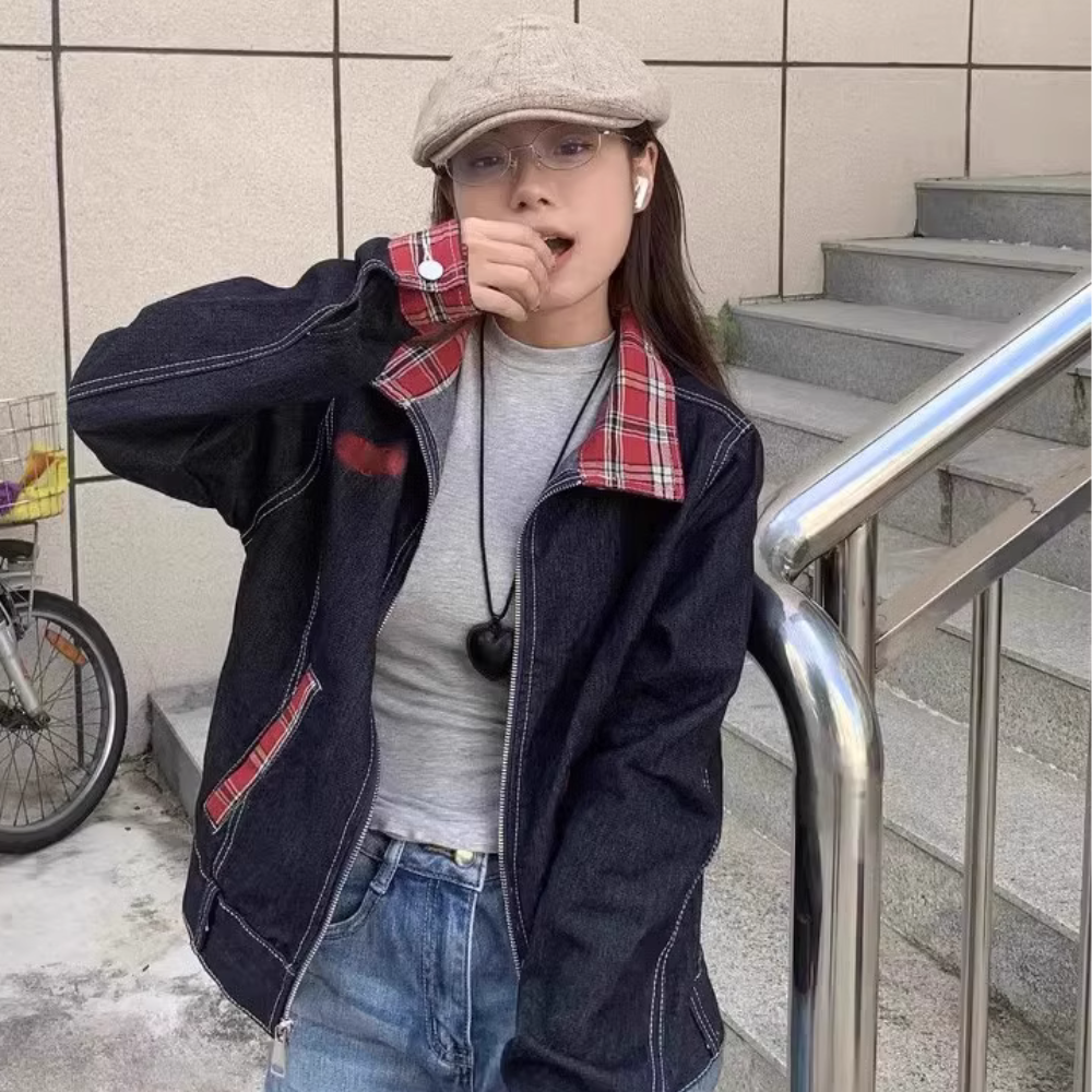 American Plaid Collar Patch Jacket