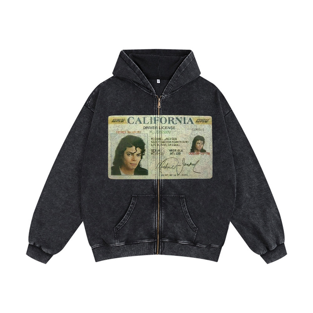 Evokyn Vintage washed Michael Jackson ID graphic zip-up hoodie
