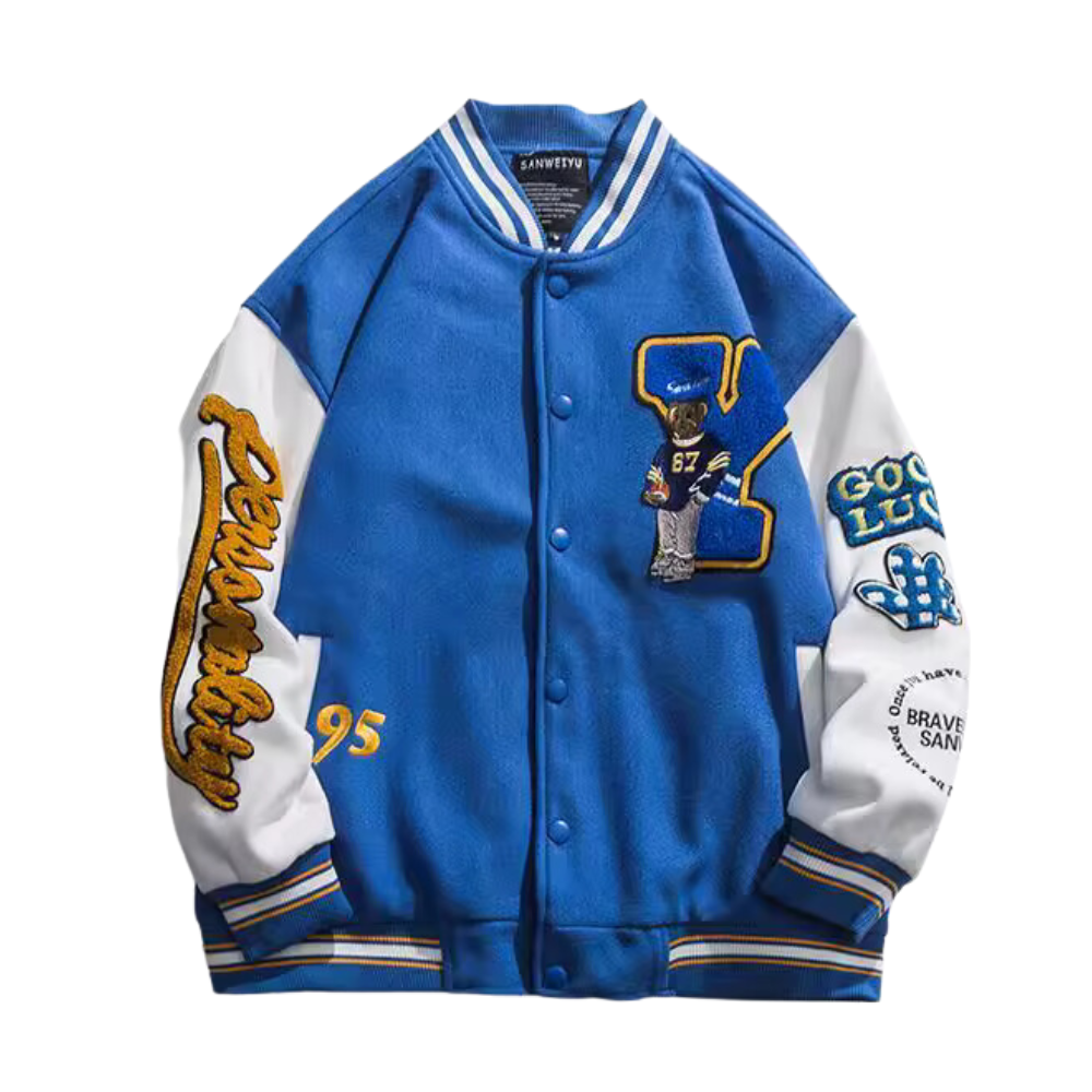 Cartoon Bear Jacquard Flocked Varsity Jacket