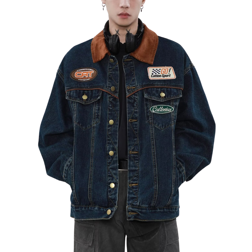 Retro Washed Denim Biker Jacket