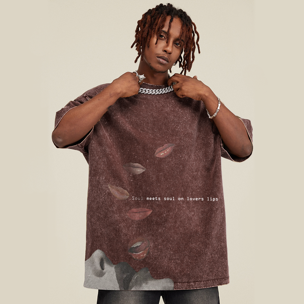 Retro Fun Lip Print Washed T-Shirt